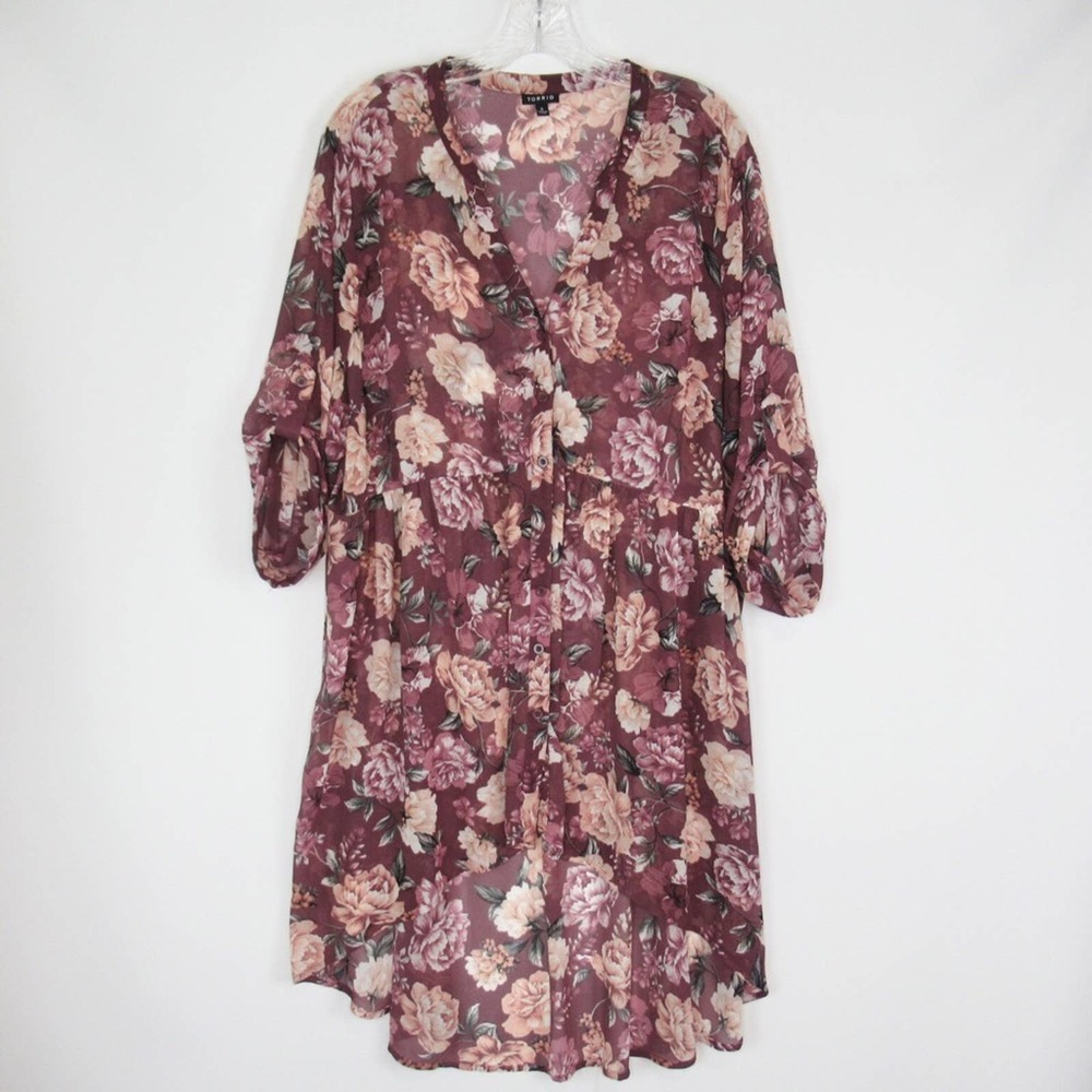 TORRID Sheer Floral Chiffon Hi-Lo Tunic Top V-Neck Tab Sleeve Plus Size 2X - Picture 3 of 11